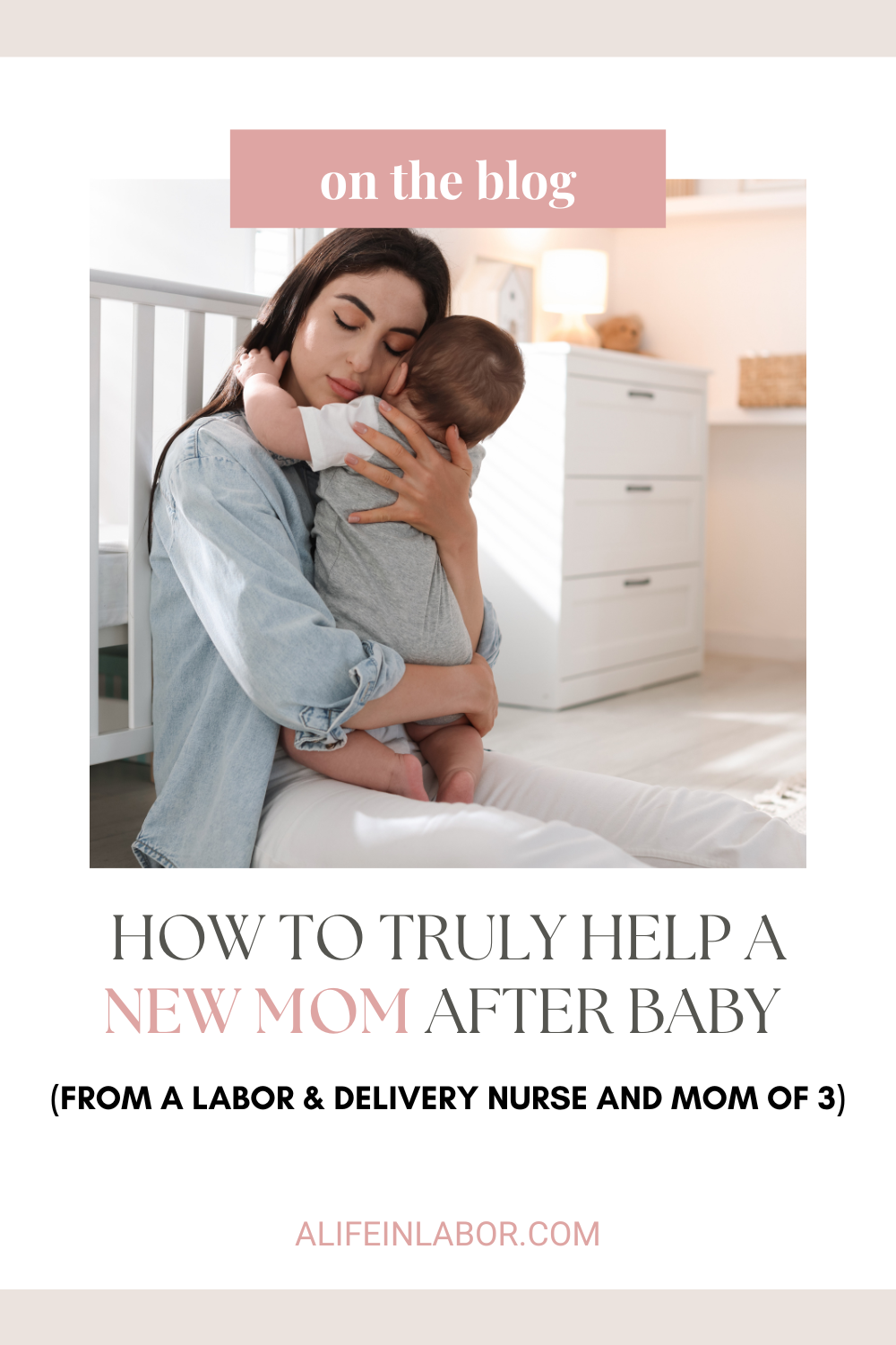 mom hugging her youn baby in a nursery